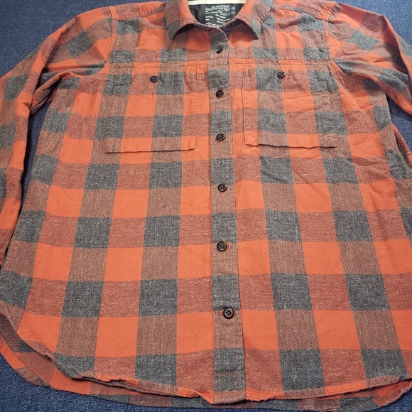REI Co-op Mens Large Orange Gray Buffalo Plaid Organic Cotton Flannel Shirt - Picture 4 of 10
